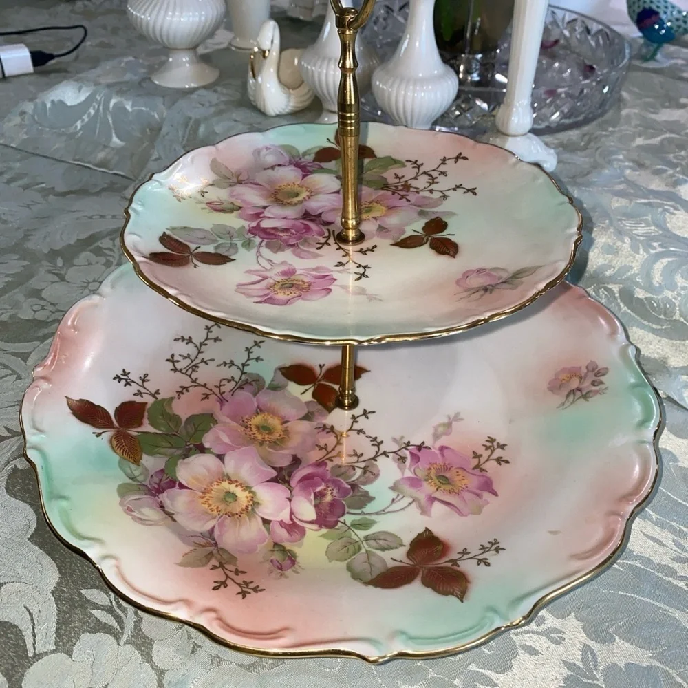 VINTAGE GERMAN SCHUMANN ARZBERG‎ PORCELAIN TWO-TIERED ‘WILD ROSE’ SERVING TRAY